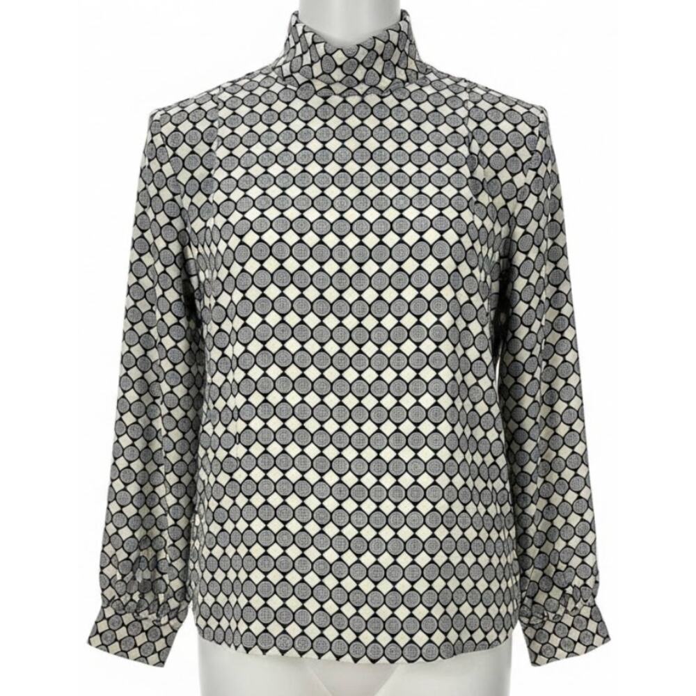 EVA LAUREL Blouse 8 Beige Blue Shoulder Pads Long Sleeves Made in USA Mod Retro